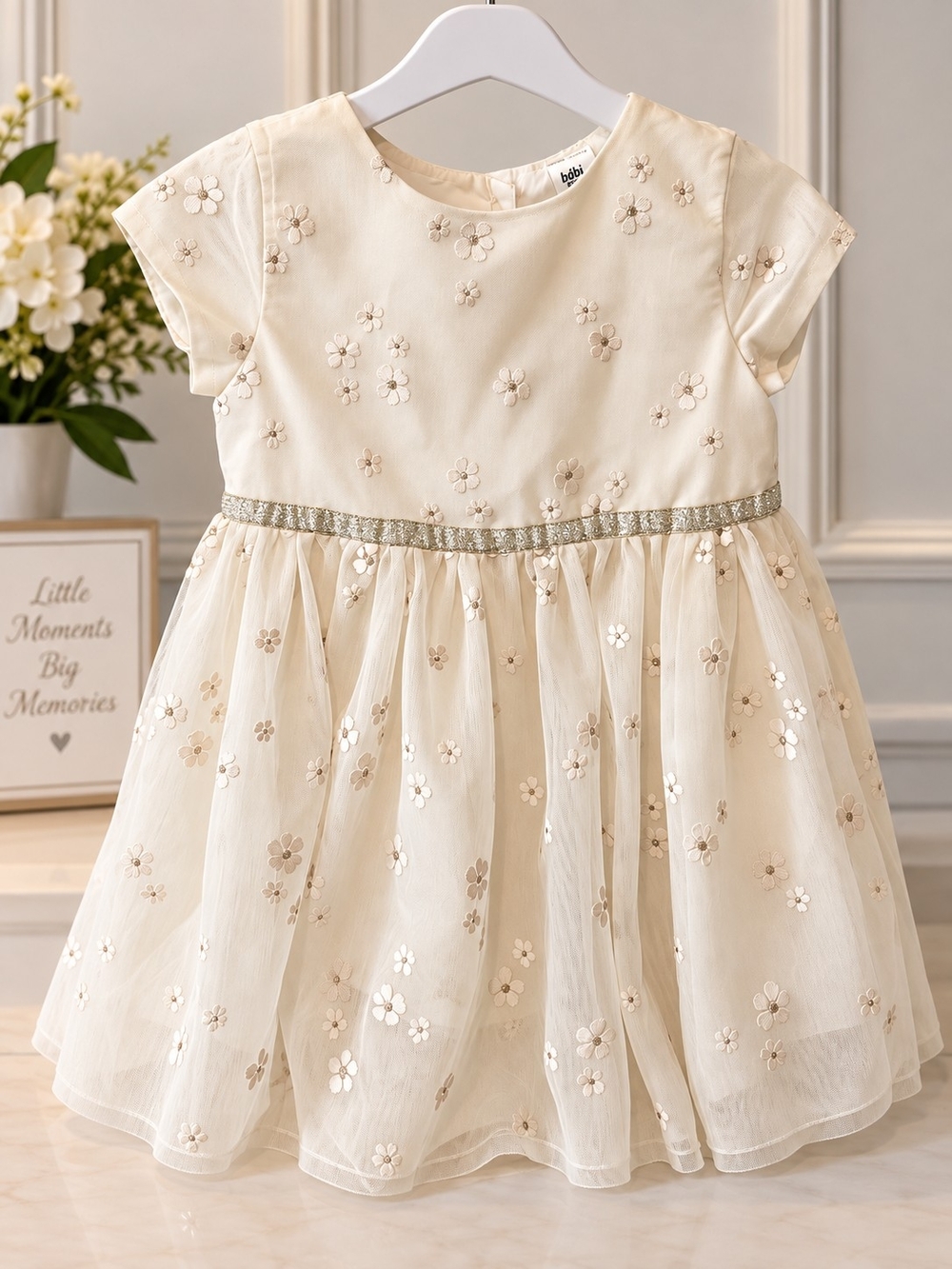 bebe Cream Floral Tulle Party Dress with Sparkle Waist